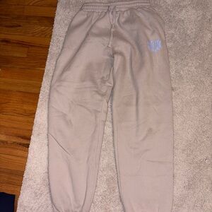 White Fox Boutique Beige Sweatpants with Light Blue Logo